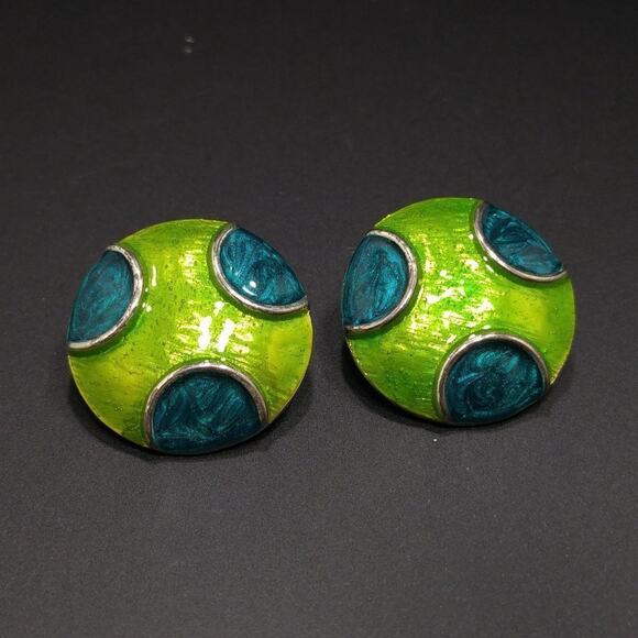 Vintage Enamel Earrings, Blue Lime Green Large Round Clips, 1 1/4 Inches - Picture 4 of 9